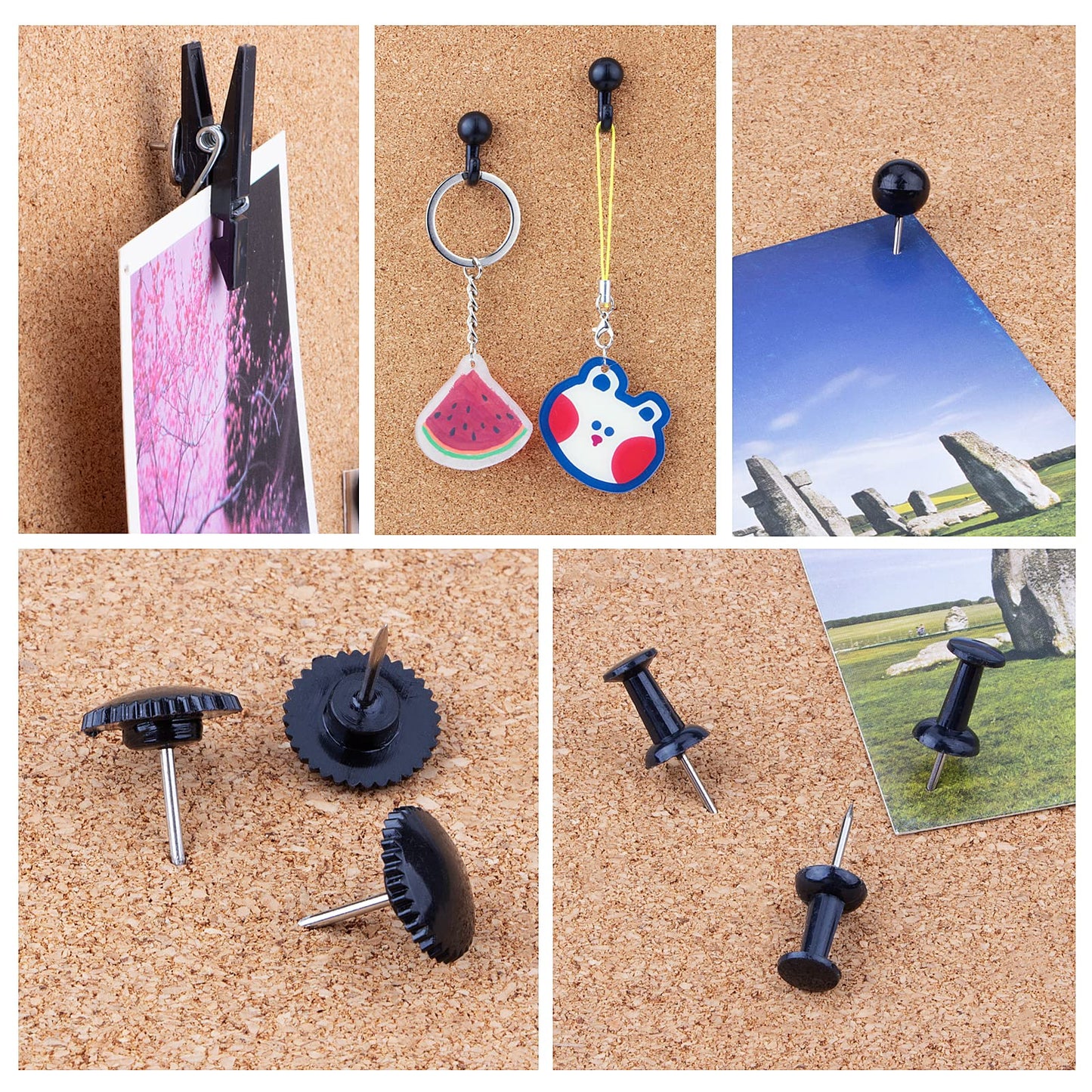 Push Pins Set, 5 Styles Thumb Tacks Map Pins, Steel Point Pushpins Thumbtacks for Cork Board Bulletin Boards (Black-140pcs)