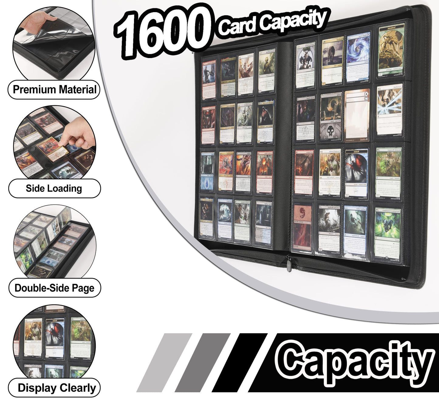 Premium Card Binder 16 Pocket - Fits 1600 Cards,4X4 Ringless Card Album with Sleeves for Trading Cards & Sports Cards(Model C,Classic Black)