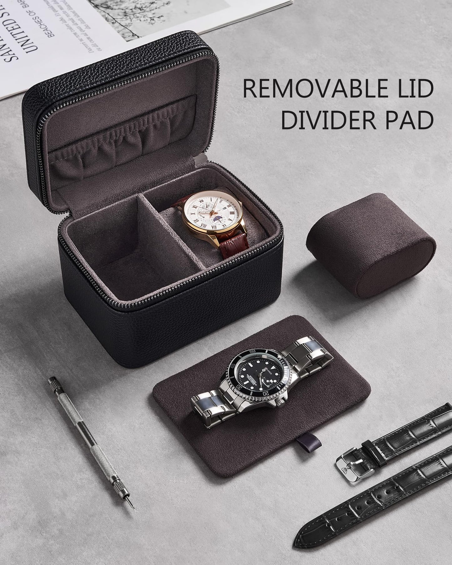 ProCase Black 12 Slot Watch Box and Black 2-Slot Watch Travel Case Bundle, 2-Tier Pull-Out Drawer Organizer, Clear Top Display Lid, Jewelry and Sunglasses Storage, Portable PU Leather Watch Holder