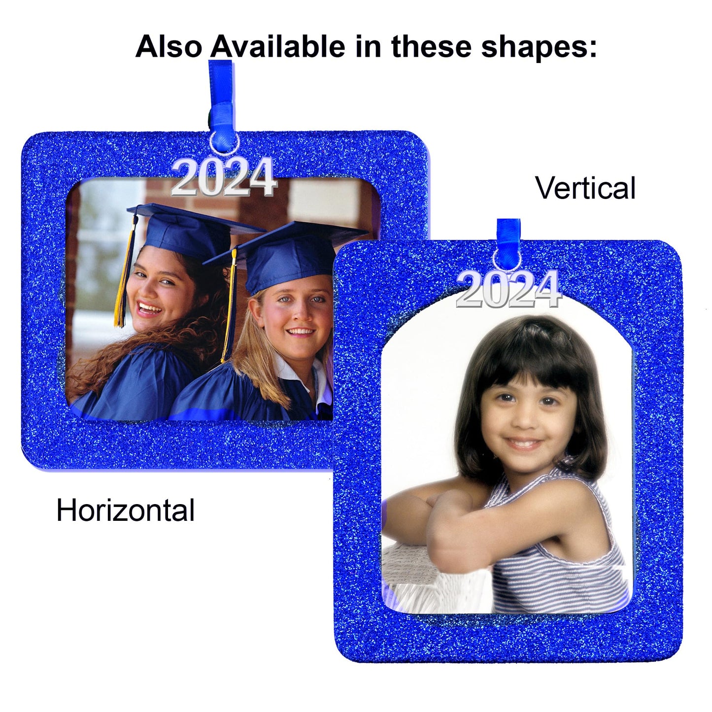 2024 Photo Ornaments for Christmas Tree, Sparkly Glitter Christmas Frame Ornament, Easy-Load Magnetic Design, Includes Satin Ribbon with Silver Charm Plus Photo Protector, Round, Blue