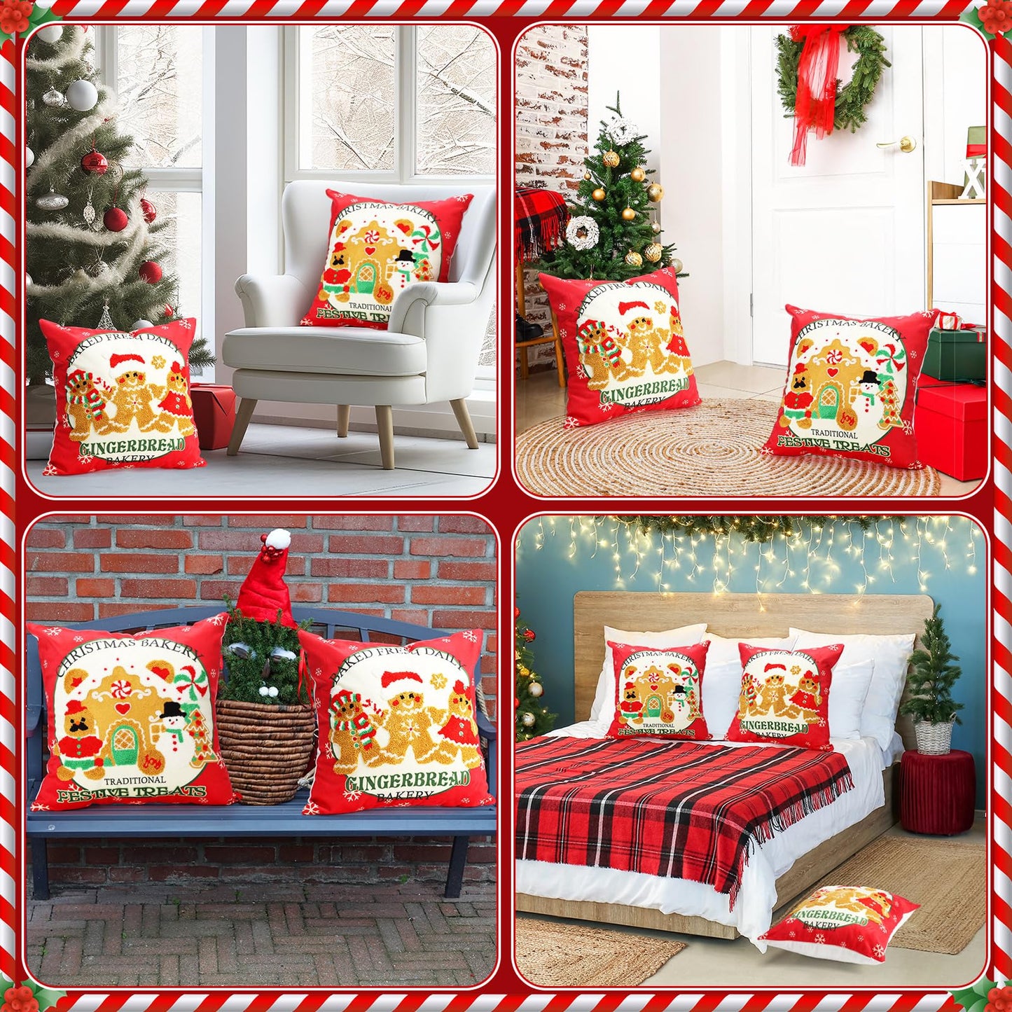 Hahafelt 2 Pcs Christmas Gingerbread Throw Pillow Covers 18x18 Inch 3D Embroidered Christmas Gingerbread Man Decorative Square Pillowcases Cushion Covers Soft Plush Faux Fur Wool Decor for Winter