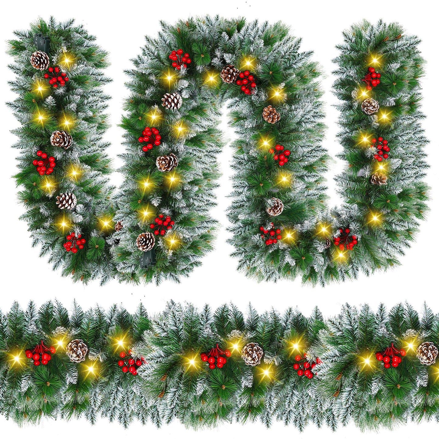 9FT Prelit Christmas Garland with Lights Decorations: Artificial Greenery Garland Battery Operated for Fireplace Mantle Stairs Windows Xmas Decorations, Indoor Outdoor Holiday Garland Decor