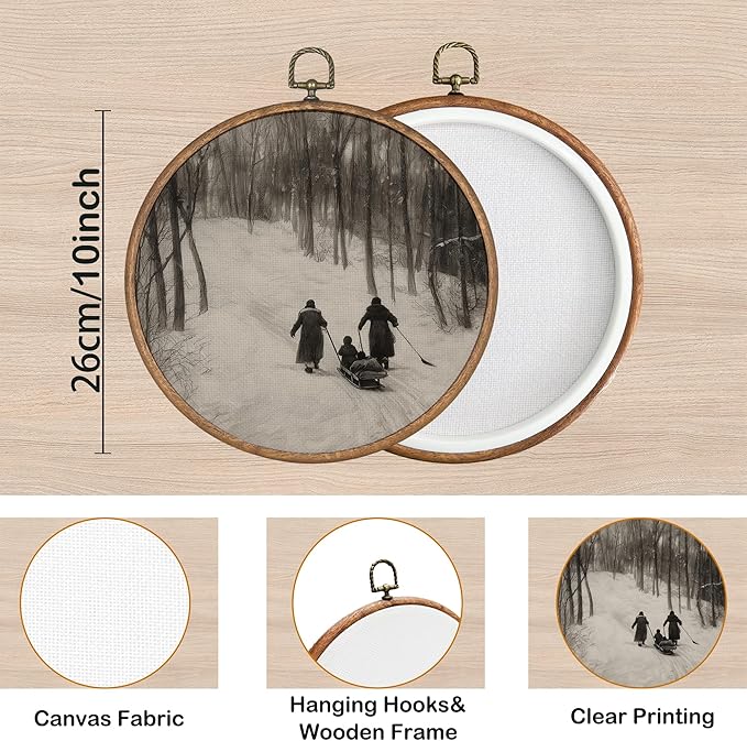 KSDUT Vintage Winter Wall Decor Art - Snowy Sleigh Wall Art Canvas Frame Hanging Prints, Retro Xmas Forest Woodland Wild Animal Round Wall Art Decor for Home Farmhouse Decorations 10"x10"