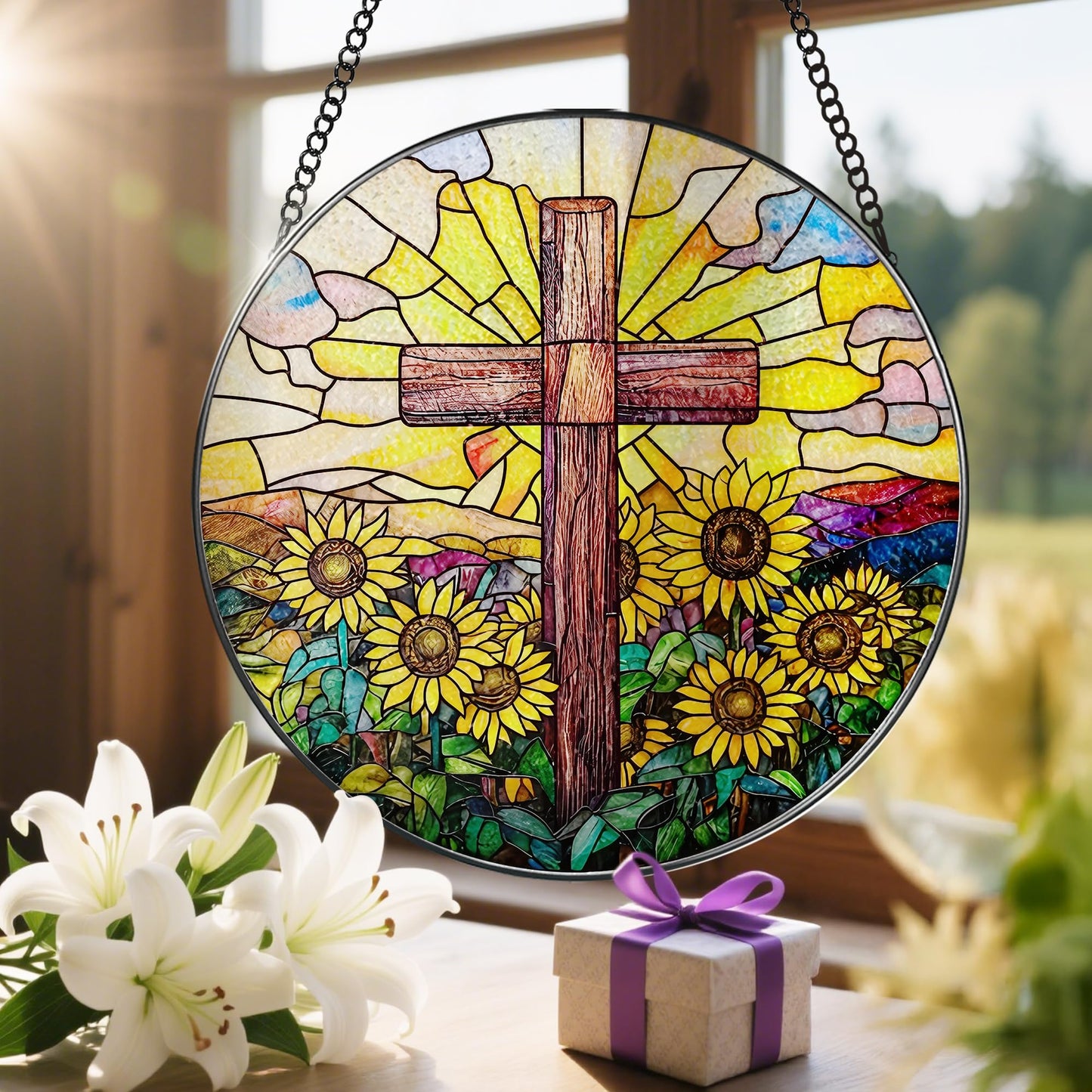 Stained Glass Suncatcher, Sunflower & Cross Sun Catcher Ornament; Stained Glass Window Hanging, Christmas Ornament, Christian Home Decor; Baptism Gift, Christian Gifts, Religious Gifts