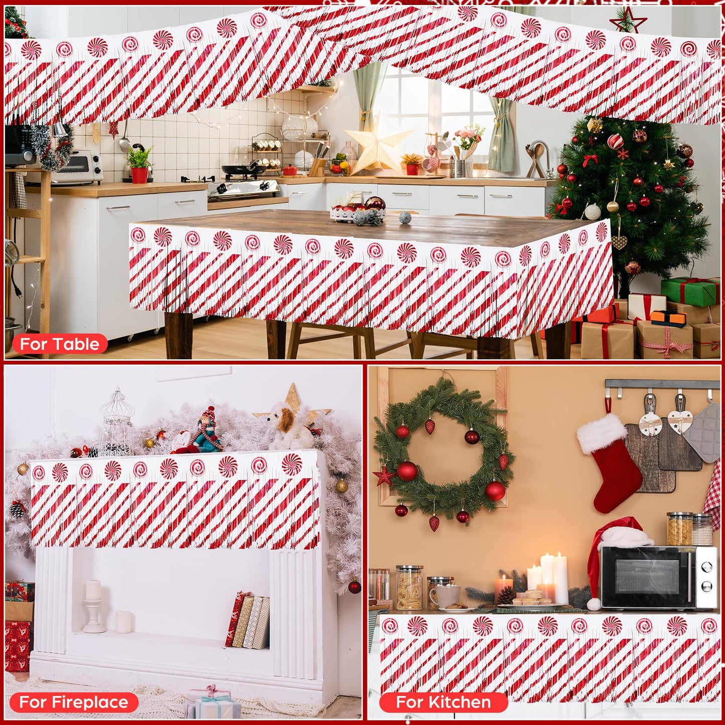 Mindsoft 4 Pack 39 ft Christmas Parade Floats Decoration Foil Fringe Candy Cane Peppermint Lollipop Metallic Tinsel Garland Table Skirts for Xmas Trailer Car Homecoming Party