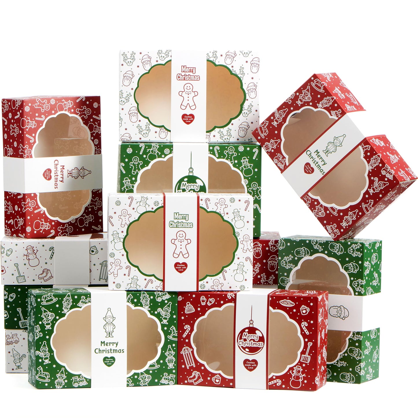 JOYIN 12PCS Christmas Cookie Boxes for Gift Giving, 8.5" x 5.75" x 2.75" Xmas Holiday Bakery Treat Boxes with Window, 4 Design Cookie Containers Box for Baked Goods, Cupcake, Pastry, Candy