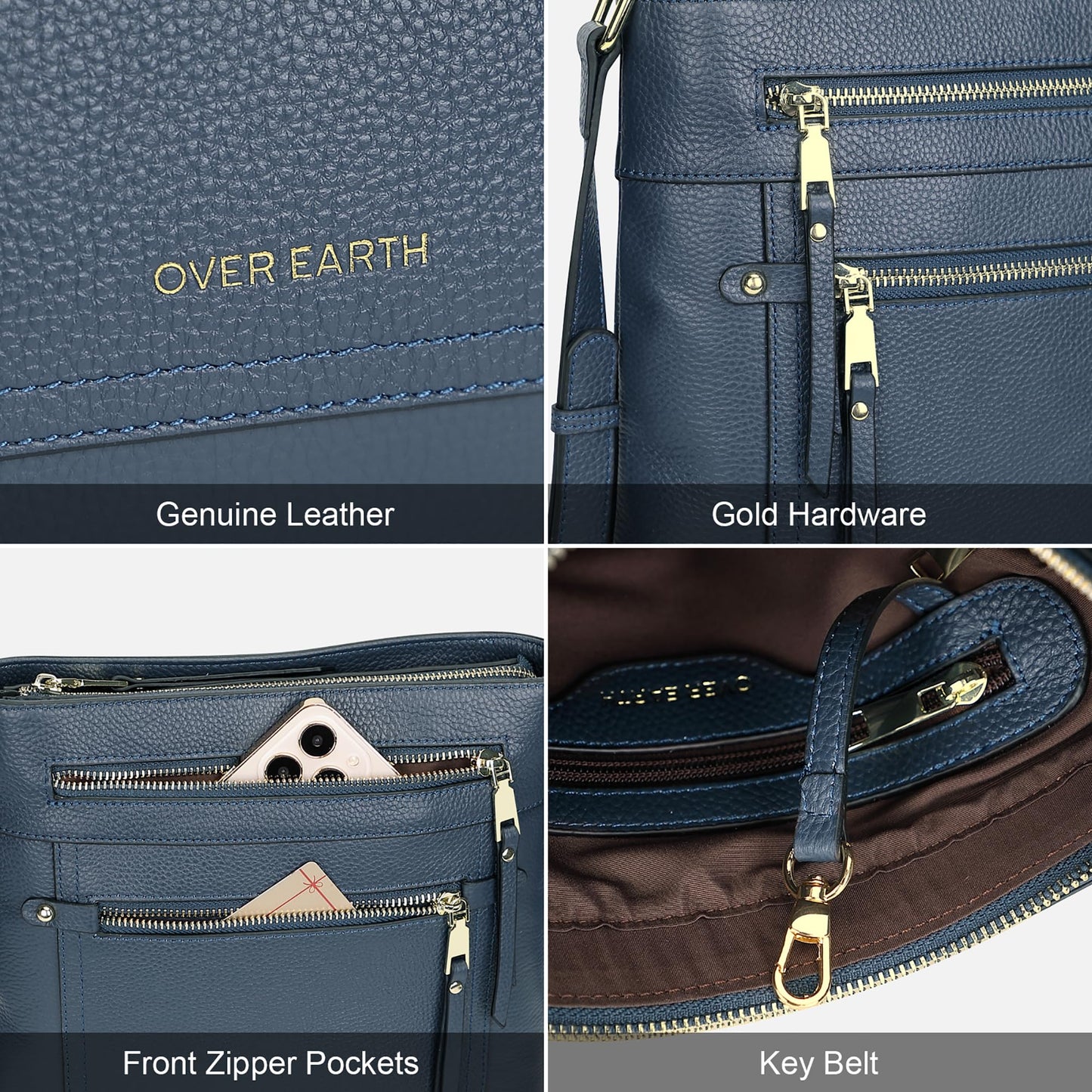 Over Earth Crossbody Bags for Women Leather Purses for Ladies with Multiple Pockets(O199E Indigo Blue)