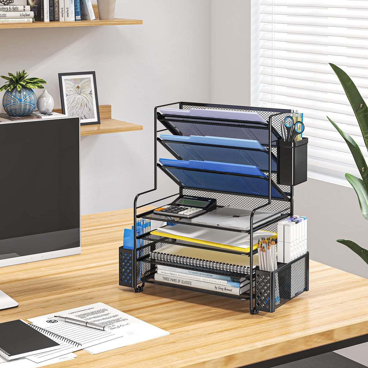 Simple Trending 7 Tier Desk File Organizer, Letter Tray Paper Organizer with Pen Holder and Metal Hanging Basket, Black