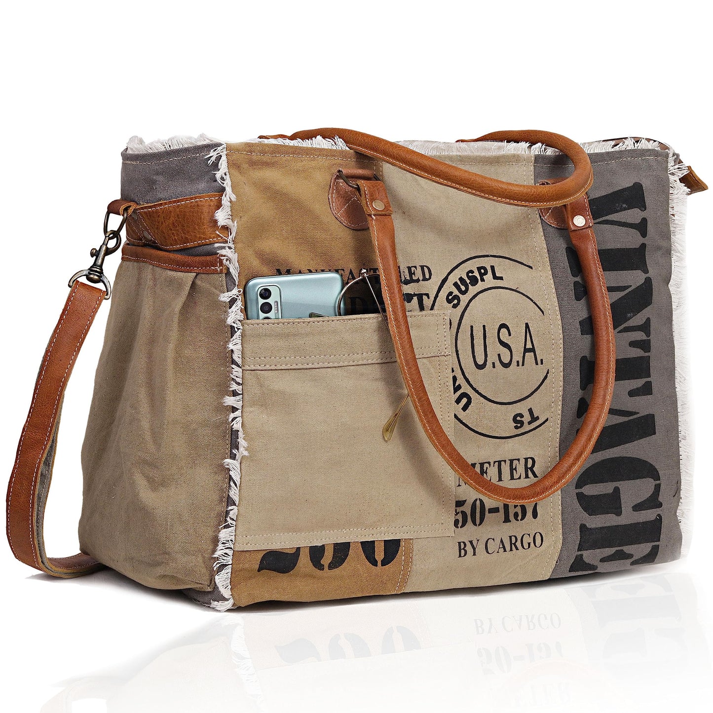 CLA Bags SEL de MER Large Upcycled Canvas & Cowhide Leather Crossbody Tote Handbag for Women (Cream & Grey Color)