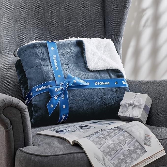 Bedsure GentleSoft Sherpa Fleece Throw Blanket Twin Size for Couch - Thick and Warm Throw for Men, Soft Fuzzy Plush Twin Blanket for Winter, Slate Blue, 60x80 Inches
