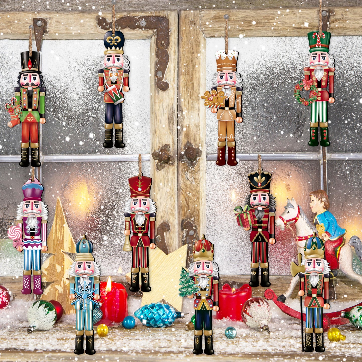 24 Pieces Christmas Nutcracker Wooden Ornaments, Wood Hanging Decoration Set for Christmas Tree Hanging 2D Printed Wood Crafts Holiday Decor Xmas Party Supplies (Xmas-Nutcracker-A)