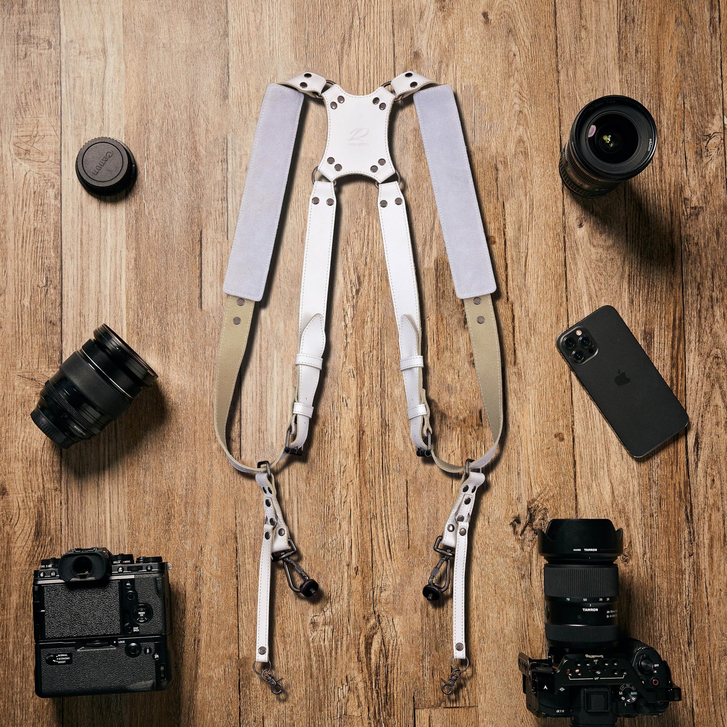 Padwa Lifestyle White Dual Camera Harness for Two Cameras - Wide Strap with Thick Shoulder Padded,Full Grain Leather Double Harness,Multi Camera Gear for DSLR Strap for Photographers