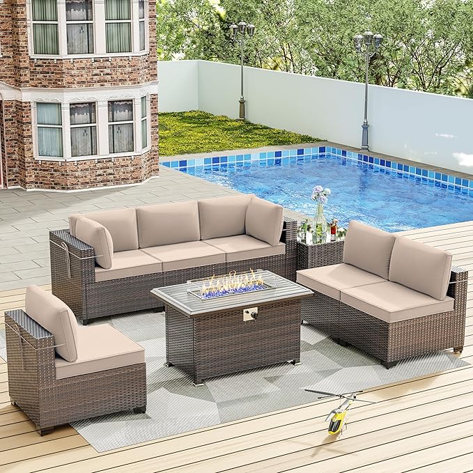 ALAULM 8 Pieces Patio Furniture Set with Propane Fire Pit Table Outdoor Sectional Sofas 55000BTU Gas Fire Pit Brown PE Rattan Patio Conversation Set w/6 Seat Cushions-Sand