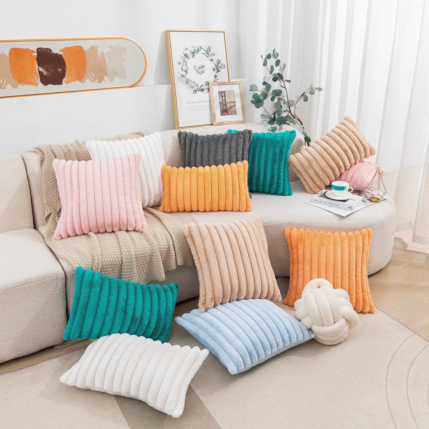Uhomy 2 Pack Faux Fur Plush Decorative Throw Pillow Covers Fuzzy Striped Soft Pillowcase Cushion Covers for Living Room Sofa Couch Bedroom, 12x20 inch 30x50 Cm True White