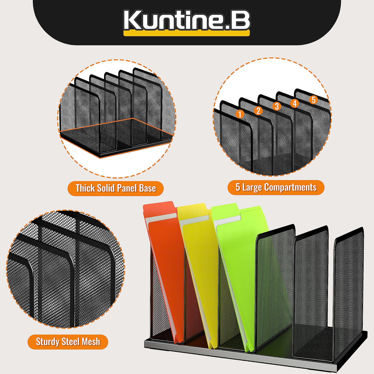 Kuntine.B Desk File Organizer 5 Sections Upright Mesh Desktop Organizer File Sorter Office Organization File Holder for Home, Office & Classroom
