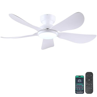 46 Inch Modern Ceiling Fans with Lights, Flush Mount Ceiling Fan with Light and Remote/APP Control, 5 Reversible 6 Speeds Curved Blades, 3 CCT Dimmable Lights for Bedroom, White