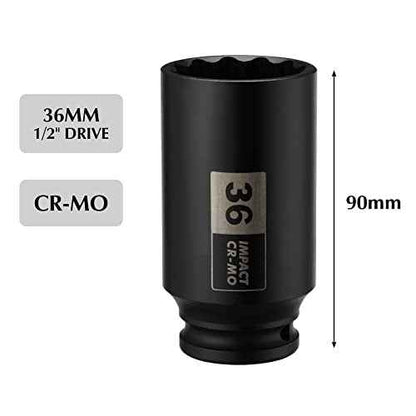 EMENTOL 1/2 Inch Drive Deep Spindle Axle Nut Impact Socket, CR-MO, 12 Point, Metric, Deep 12PT Impact Socket - 36mm