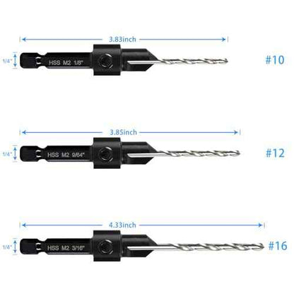 3-pc Countersink Drill Bit Set #10#12#16, 3in1 Woodworking Counterbore Hole Saw Drill Bits, Depth Adjustable M2 Pilot Drill Bits, 82-Degree Chamfer, 1/4¡± Hex Shank, with 1 Allen Wrench