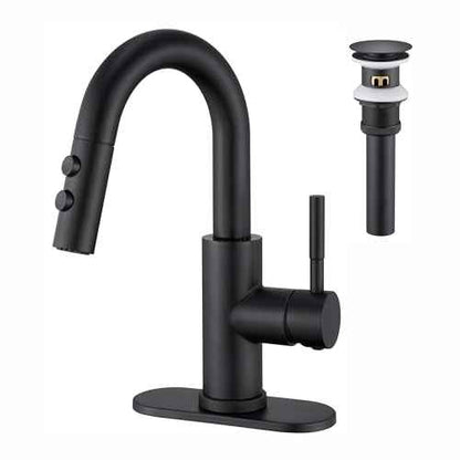 Bathroom Sink Faucet with Pull Down Sprayer, Matte Black Single Handle Pull Out Faucet with Pop-Up Drain, 1 or 3 Hole Laundry Bar Basin Faucet with Deck Plate, KBL-7002B-CL2