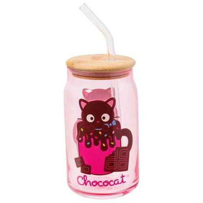Silver Buffalo Sanrio Hello Kitty & Friends Chococat Chocolate Pink Glass Jar Tumbler with Bamboo Lid and Glass Straw, 16 Ounces