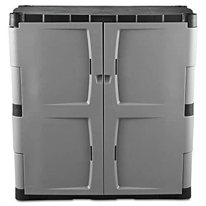 Rubbermaid Freestanding Storage Cabinet with Doors 18"D x 36"W x 37"H Medium Gray/Black Two-Shelf Lockable Cabinet for Indoor/Outdoor/Garage Storage for Garden Tools/Lawn Care Accessories