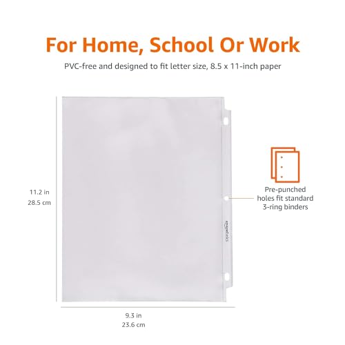 Amazon Basics Heavy Duty Non-Glare Sheet Protector for Documents, 3 Ring Binder, Top Loading, Letter Size 8.5 x 11 inch, Clear, 100-Pack