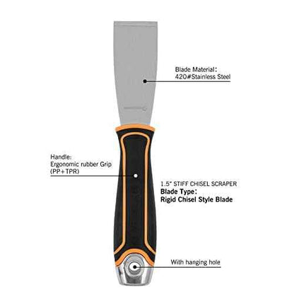 ROLLINGDOG 1.5 Inch Stiff Putty Knife - Stainless Steel Chisel Paint Scraper Tool for Wallpaper Stripping