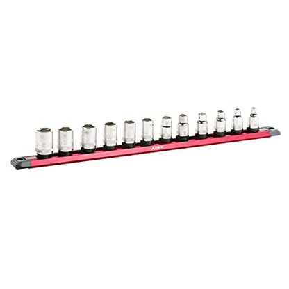 ARES 60169 ? 3/8-Inch Drive 15.5-Inch Red Twist Lock Magnetic Socket Rail - Store up to 12 Metric or SAE Sockets and Keep Your Tool Box Organized ? Magnetic Base for Easy Socket Organization