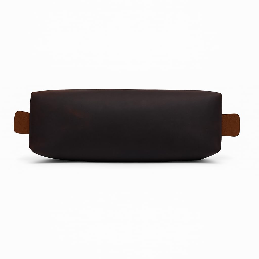 PavinCrafter Genuine Leather Toiletry Bag for Men & Women – Travel Bathroom Organizer Kit, Makeup & Cosmetic Pouch, Compact Dopp Kit with Heavy-Duty Zipper, Handmade Dark Brown Travel Case