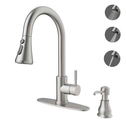 VXV Kitchen Faucet with Soap Dispenser, 3 Modes Kitchen Faucet with Pull Down Sprayer, Stainless Steel Sink Faucet for Farmhouse, Bar, and RV, with Deck Plate and 1/2'' Adapters