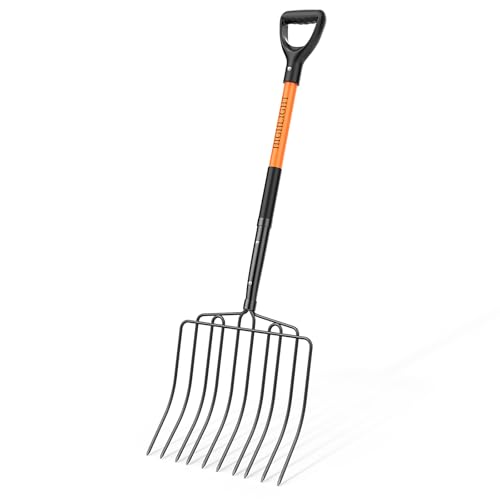 HIGHLIGHT Pitch Fork for Gardening,10 Tines Wide Pitch Fork with Fiberglass Handle, Heavy Duty Pitch Fork for Manure/Bedding/Haystack, 45 Inches