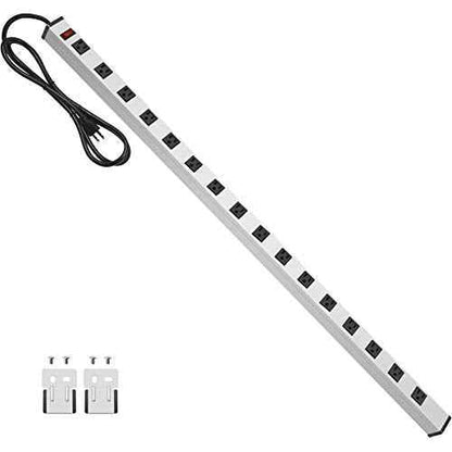 JUNNUJ Long Metal 16 Outlet Power Strip, Wide Spaced Garage Industrial Heavy Duty Power Strip with 15 FT Cord 15A, 125V, 1875W-Silver