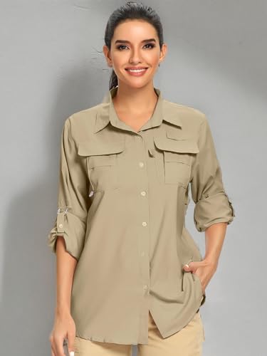 Women's UPF Long Sleeve Fishing Shirts Button Up Hiking Safari Shirts Sun Protection and Quick Dry,Khaki,XXXL