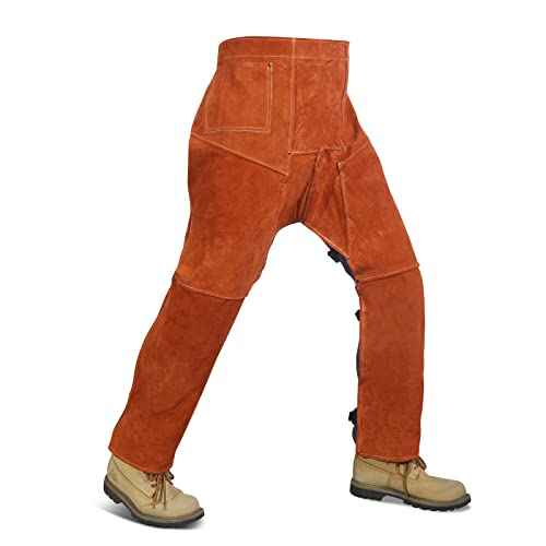 QeeLink Welding Pants - Heat & Flame Resistant Split Leather Safety Leg Protection for Men and Women, Adjustable M to XXXL