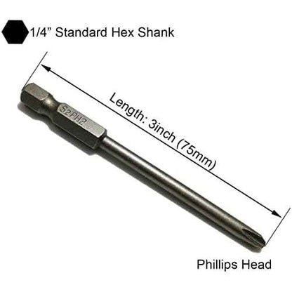 Phillips Screwdriver Bits Set 8pcs includ PH0 PH1 PH2 Screw Head 3Inch Length Cross Bit 1/4 Inch Shank Hex(8pcs Phillips Head 75mm)