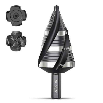 THINKWORK Four Spiral Flute Step Drill Bit, HSS Step Drill Bit3/16-1-3/8 (3 Popular Sizes) Unibit Step Drill Bit, 1/4" Shank Step Bits for Aluminum, Wood, Plastic, Metal
