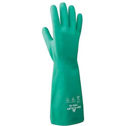 SHOWA 730 Nitrile Chemical Resistant Safety Glove with Cotton Flocked Liner, Food Safe, 15 Mil Thick, 13" Length, Small (12 Pair)