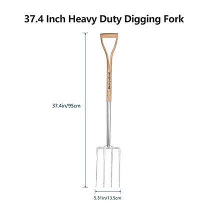 Berry&Bird Garden Digging Fork, 37.4" Stainless Steel Garden Spading Fork with D-Grip Handle, 4-Tine Heavy Duty Long Handled Pitchfork with Ash Wood Handle for Digging, Planting, Cultivating, Aerating