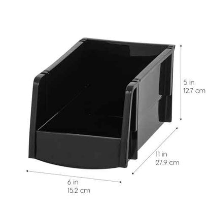 IRIS USA Medium Stackable Storage Bins, 4-Pack, 11" L x 6" W x 5" H, |Made in USA|, Plastic Open Front Shelf Bin for Organizing Parts, Hardware, Tools, Supplies, Garage Shelf, Pantry - Black