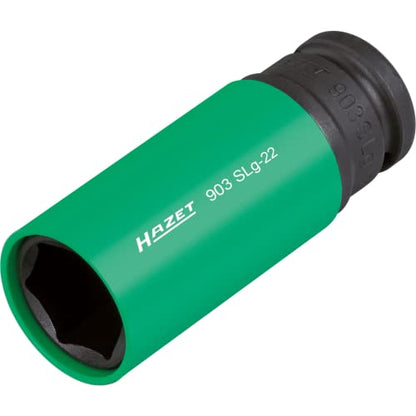HAZET 903SLG-22 1/2 Inch Impact Socket, 22 Mm AF, External Hexagonal Traction Profile, For Aluminum Rims, Color-Coded Plastic Sleeve Green