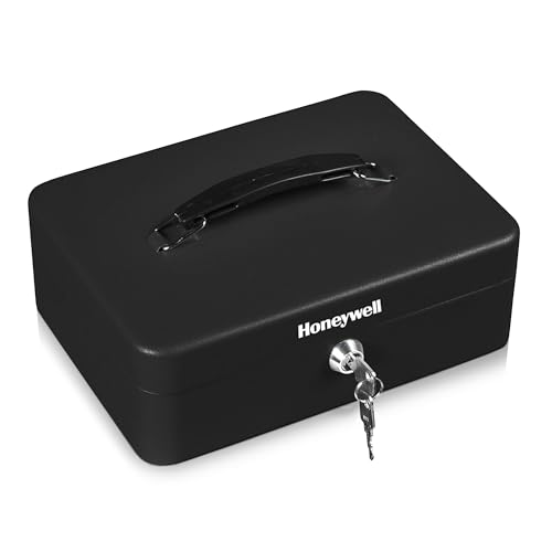 Honeywell Safes & Door Locks - Standard Small Cash Box with Removable Money Tray - Storage Under Tray & 5 Coin Slots - Durable Metal Safe with Key Lock - Saving Money Lock Box - Black, 0.14 CU - 6112