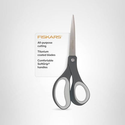 Fiskars 8" Comfort Grip Titanium All Purpose Scissors, Sharp Stainless Steel Blades for Everyday Cutting Tasks, Home, Office, and Arts & Crafts, Gray