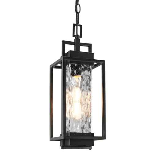 BesLowe 15¡± Outdoor Pendant Light with LED Bulb, Modern Hanging Lantern Light for Outside with Water Ripple Glass, Black Exterior Pendant Lighting Fixture, Outdoor Chandelier for Front Porch, Gazebo