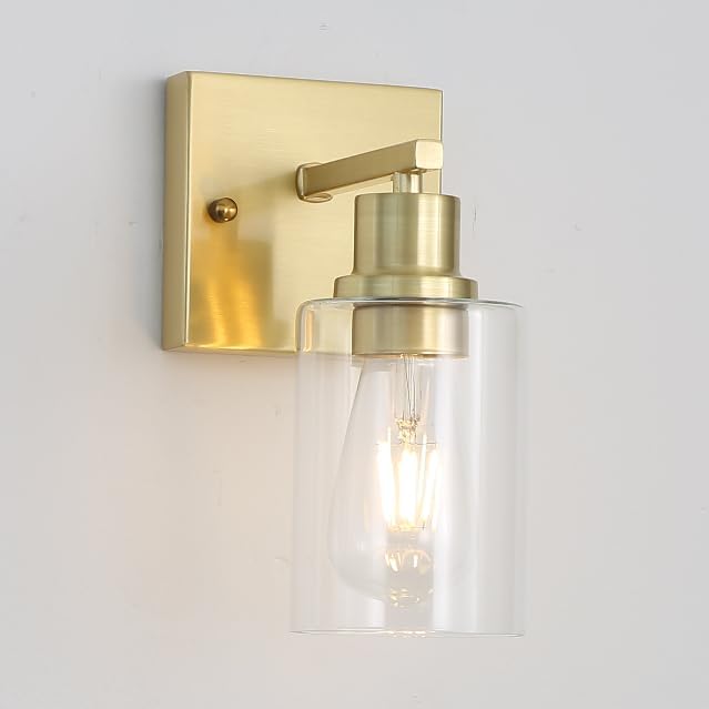EMONG Gold Bathroom Light Fixtures,1-Lights Brushed Brass Vanity Light with Clear Glass Shade, Wall Sconces for Hallway, Farmhouse, Living Room