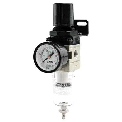SNS Compressed Air Filter Regulator Piggyback Combo 1/4¡±NPT- Semi-auto Drain, Bracket, Gauge Poly Bowl AW2000-N02A