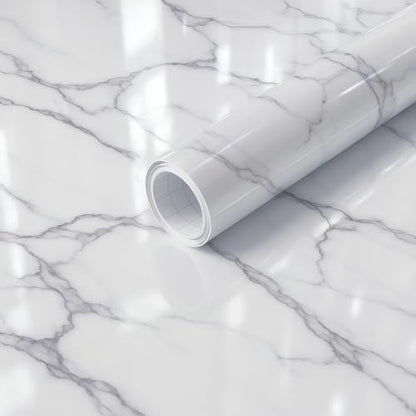 White Marble Contact Paper Peel and Stick Vinyl Wallpaper Self Adhesive Removable Waterproof for Countertop Cabinet Table Desk Drawer Furniture (15.7x118 Inch)