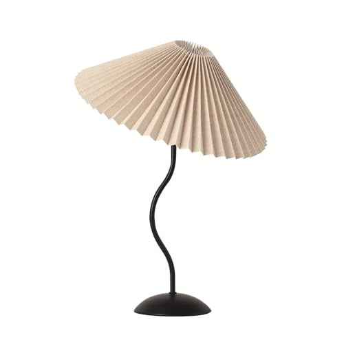 KUNJOULAM Small Pleated Table Lamp, Bedside Nightstand Lamp with Beige Lampshade Black Base, Morden Mini Lamp for Bedroom Home Office Decor, E12 Bulb Included