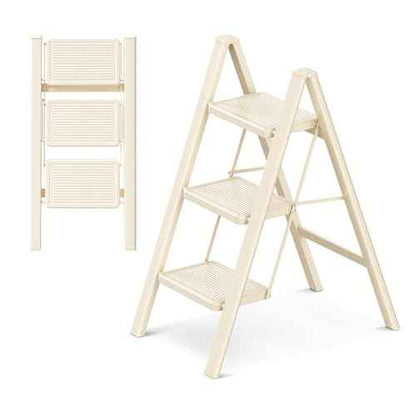 GameGem 3 Step Ladder Folding Step Stool with Wide Anti-Slip Pedal, 330LBS Capacity, Lightweight Portable Stepladder for Home and Kitchen Use, Cream White