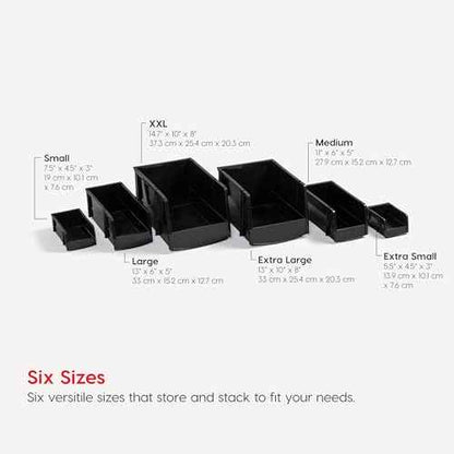 IRIS USA Medium Stackable Storage Bins, 4-Pack, 11" L x 6" W x 5" H, |Made in USA|, Plastic Open Front Shelf Bin for Organizing Parts, Hardware, Tools, Supplies, Garage Shelf, Pantry - Black