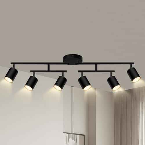 6 Light Track Lighting Fixtures Ceiling, Matte Black Kichen Track Lighting Fixtures with Rotatable Light Heads, Upgrade Light Poles, Modern LED Sopt Lights for Kitchen/Hallway, No GU10 Bulb